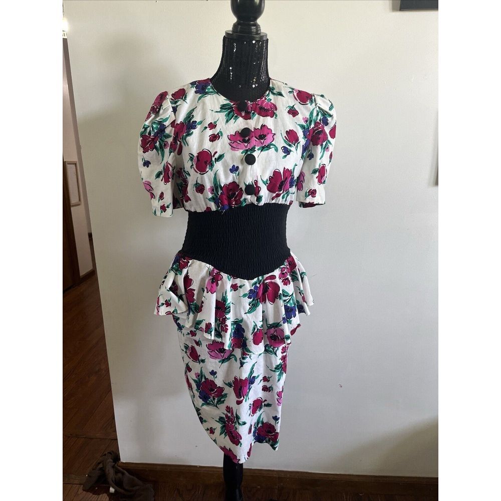 VTG Absolutely! White Pink‎ Floral Dress Fitted Pencil Flare Puff Sleeve 7/8 USA